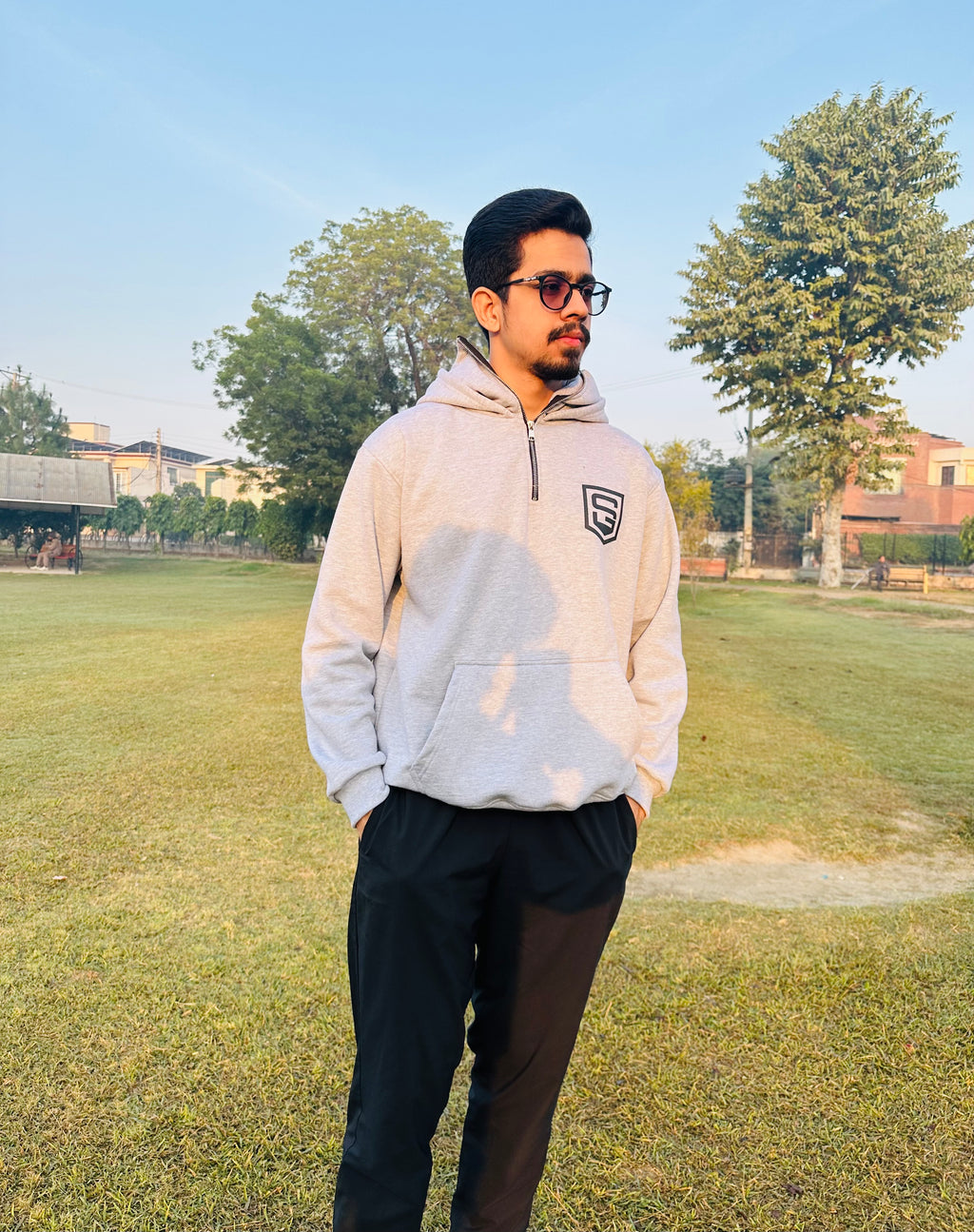 Hustle Hard, Pray Harder Balaclava Hoodie (Heather Grey)