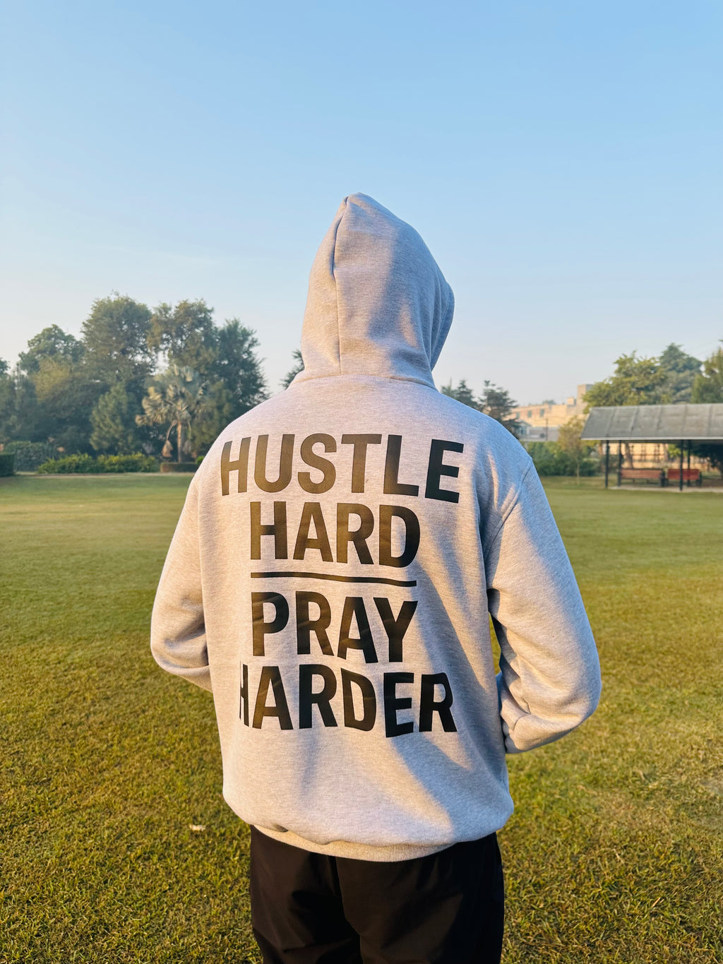 Hustle Hard, Pray Harder Balaclava Hoodie (Heather Grey)