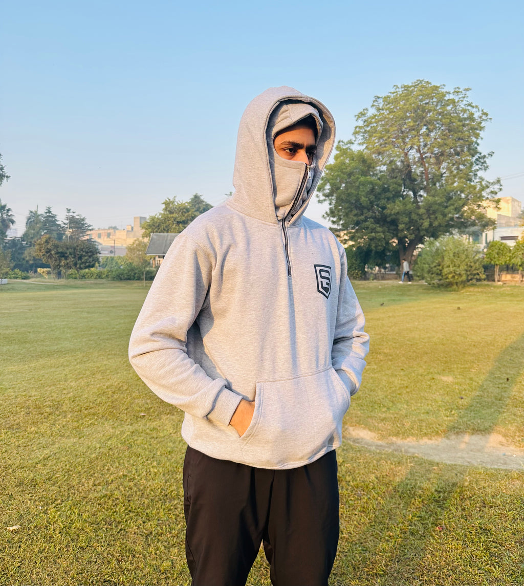 Hustle Hard, Pray Harder Balaclava Hoodie (Heather Grey)