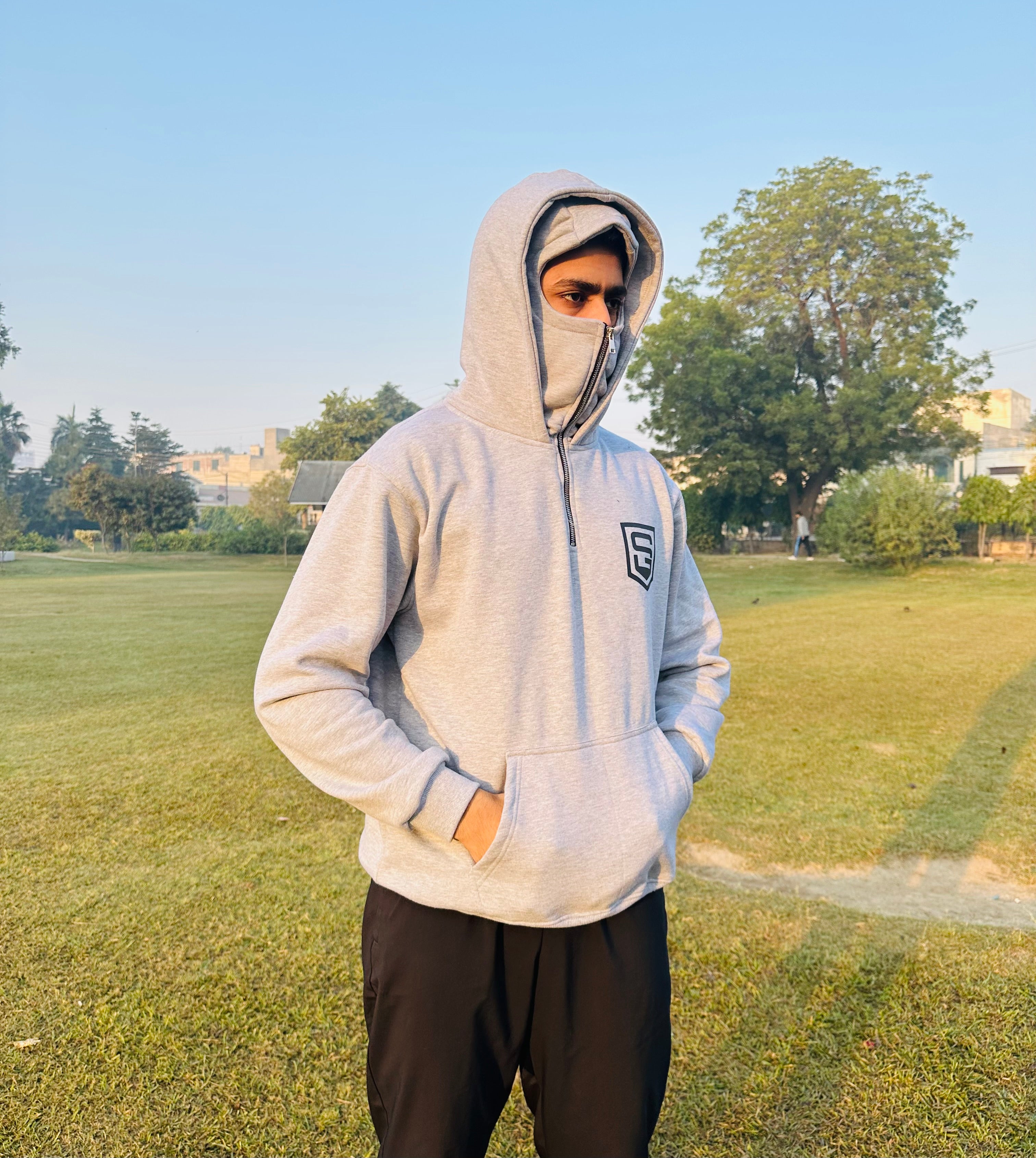 Hustle Hard, Pray Harder Balaclava Hoodie (Heather Grey)